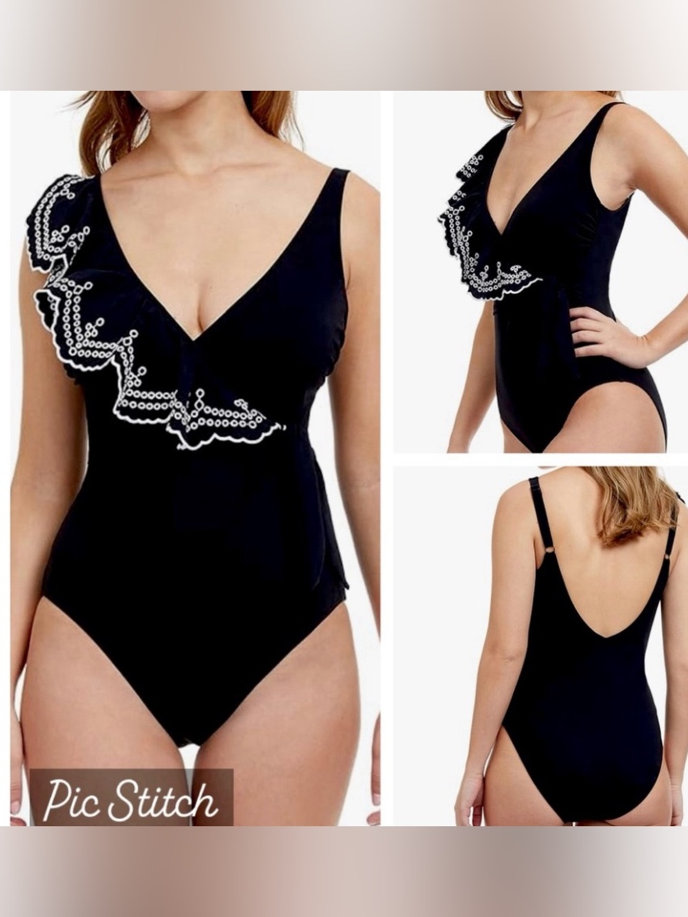 PROFILE by GOTTEX Standard Lola V neck Shoulder Ruffle One piece black swimsuit